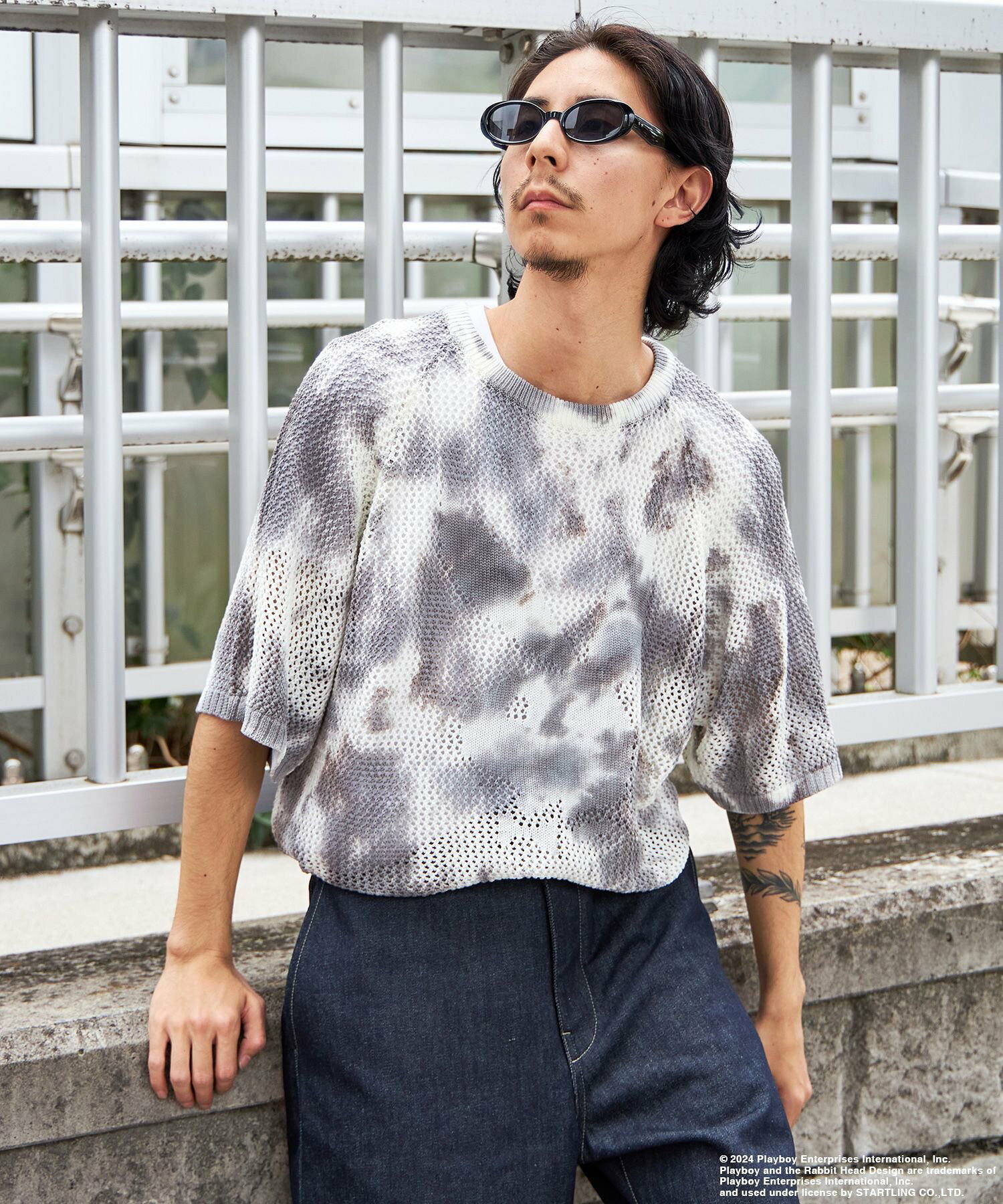 【SEQUENZ】PBHC TIE-DYE KNIT S/S TEE / 半袖 PLAYBOY*SEQUENZ メッシュ ブランドロゴ ビックサイズ バニー